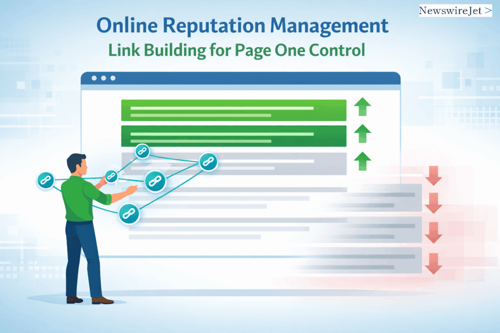 Illustration of online reputation management strategies, highlighting link building for page one control.
