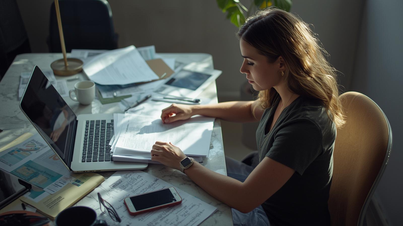 Woman reviewing documents at a sunlit desk with a laptop planning how to build positive reputation bank content
