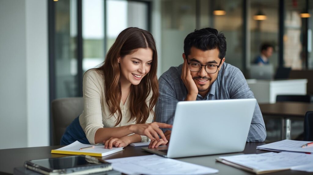 Two colleagues smiling at a laptop in a bright office discussing how to build positive reputation bank strategies