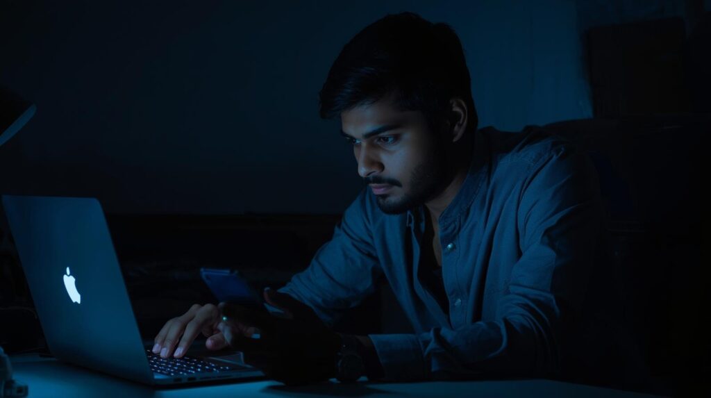 Man focused on laptop and phone in a dark room researching how to build positive reputation bank for his brand