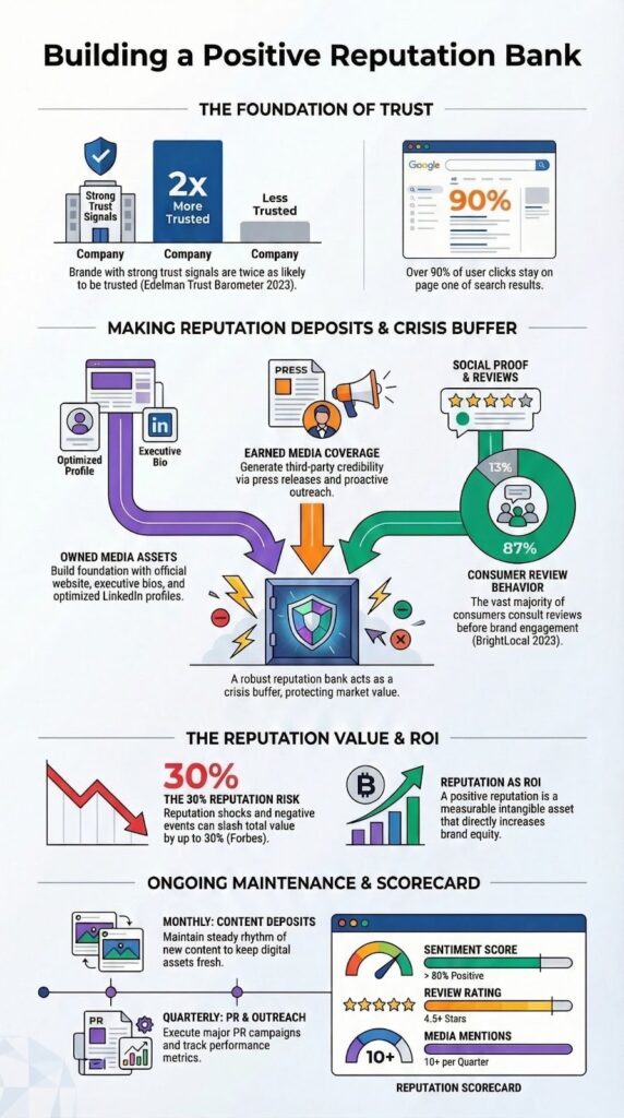 Infographic explaining how to build positive reputation bank with trust signals media coverage and scorecard metrics