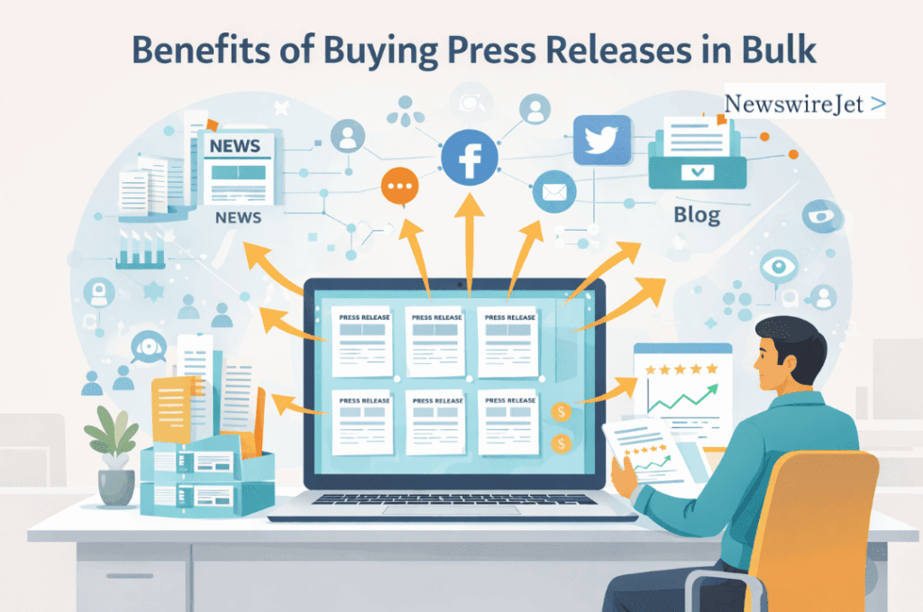 Professional reviewing the benefits of buying press releases in bulk with multi-platform news distribution.