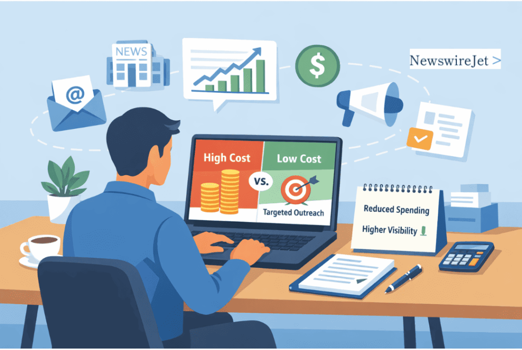 A professional comparing high cost vs targeted outreach to learn how to save money on press releases effectively.