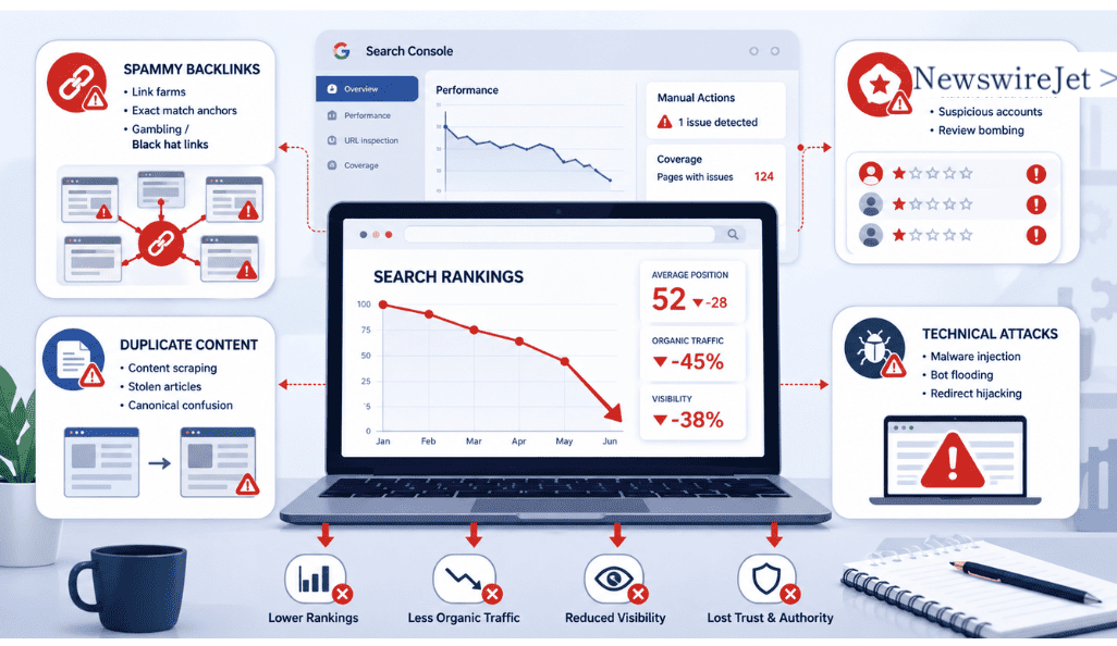 A dashboard showing how negative SEO tactics like spammy backlinks and fake reviews cause ranking drops and traffic loss.