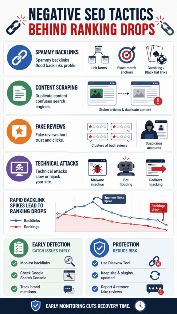Infographic outlining negative SEO tactics including spammy backlinks, content scraping, fake reviews, and technical attacks.