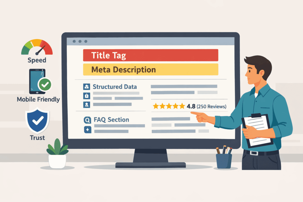 Professional presenting optimizing reputation keywords through title tags, meta descriptions, structured data, and FAQ sections on screen.
