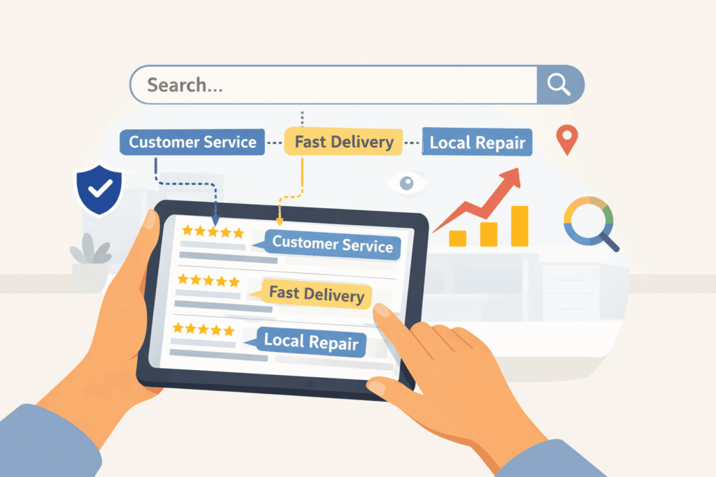 Person using tablet for optimizing reputation keywords like customer service, fast delivery, and local repair in search results.