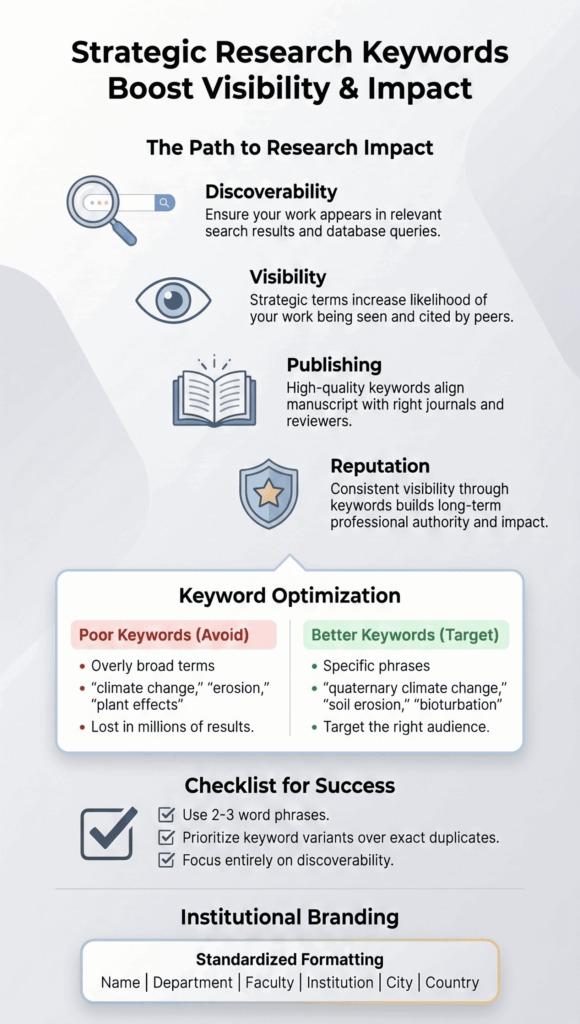 Infographic showing optimizing reputation keywords boosts research visibility, discoverability, publishing success, and institutional reputation.