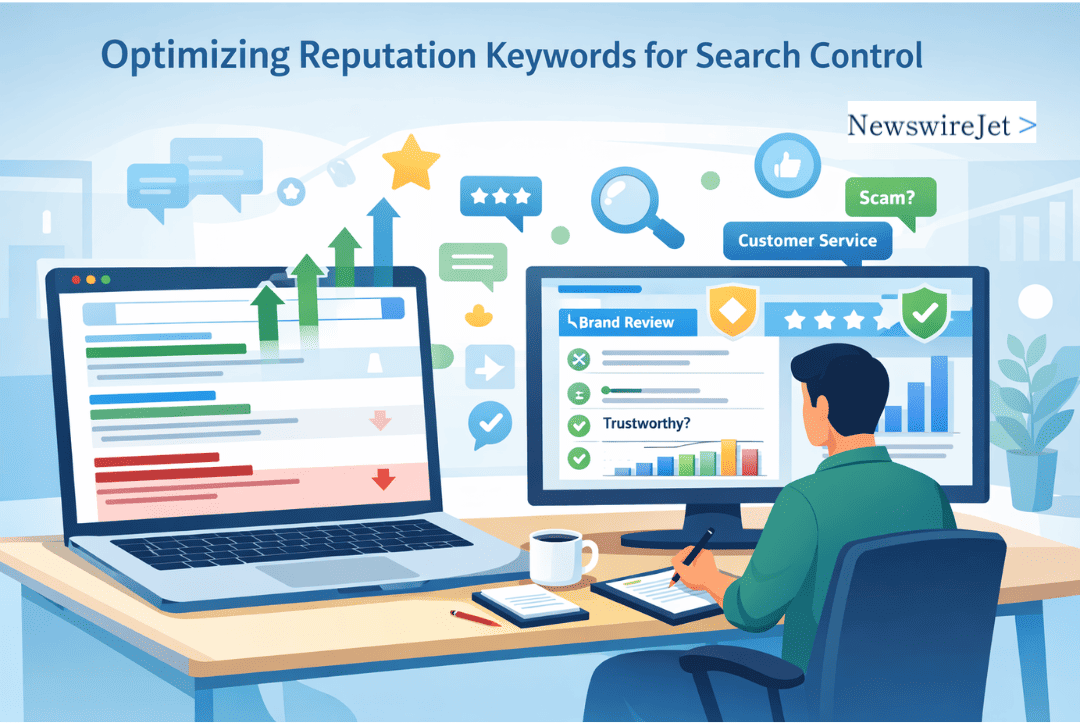 Man at desk optimizing reputation keywords for search control, analyzing brand reviews, trust signals, and customer service results.