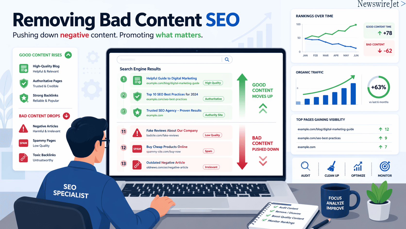 SEO specialist using removing bad content SEO strategy to push negative results down and boost quality rankings&nbsp;