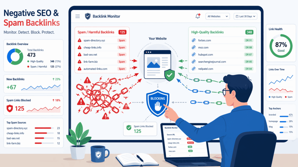 Backlink monitor dashboard showing removing bad content SEO by blocking 125 spam links and protecting link health