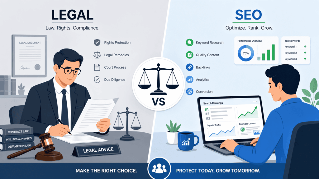 Legal vs SEO comparison chart for removing bad content SEO using rights protection and optimization strategies