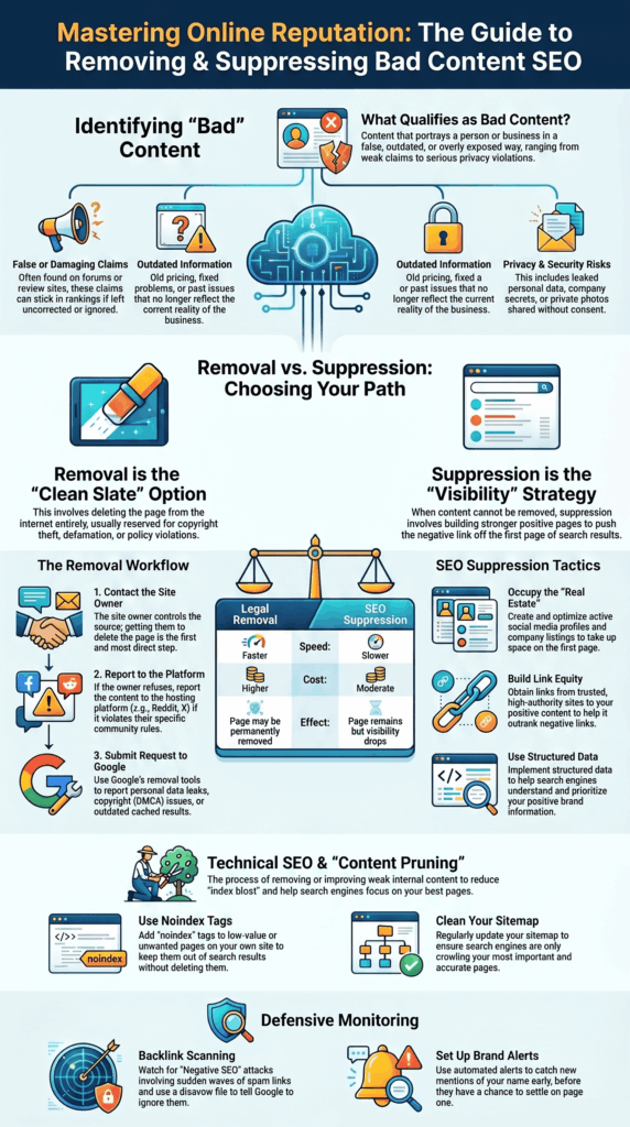 Infographic guide to removing bad content SEO through suppression tactics, content pruning, and defensive monitoring