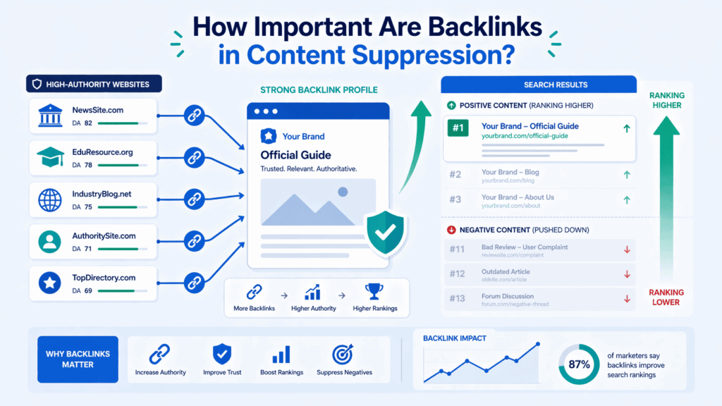 Diagram showing how backlinks support suppressing negative content SEO by boosting positive page authority in search results.