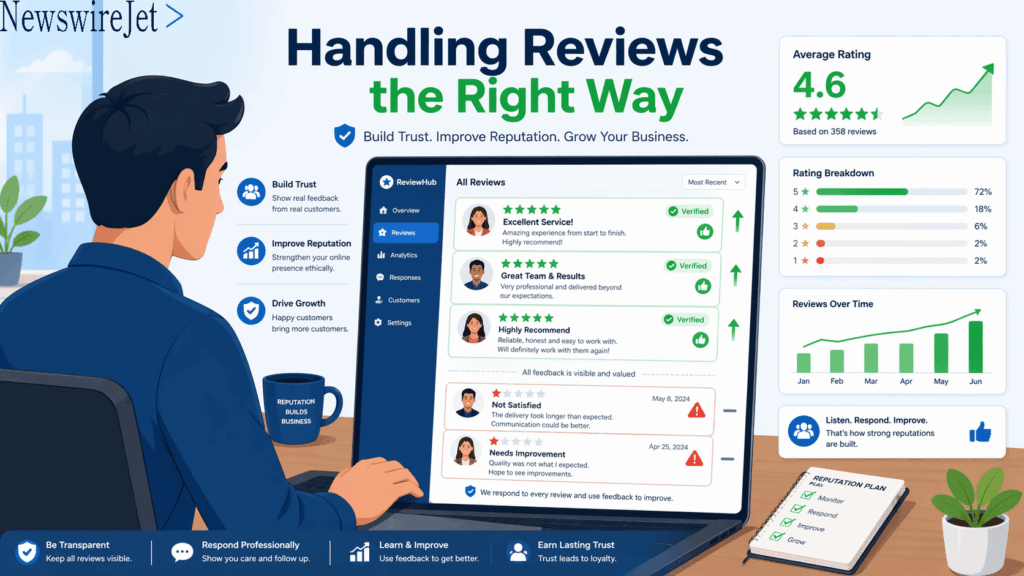 A business owner suppressing negative reviews by responding professionally to build trust and improve online reputation. 