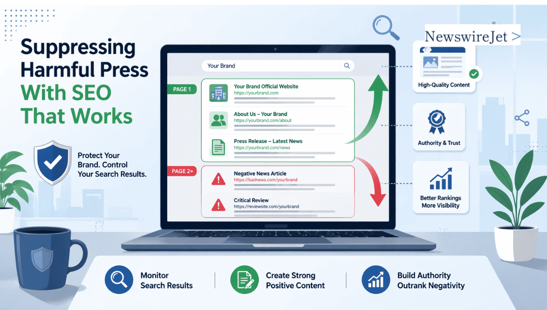 NewswireJet guide to suppressing harmful press with SEO by building authority and controlling search results