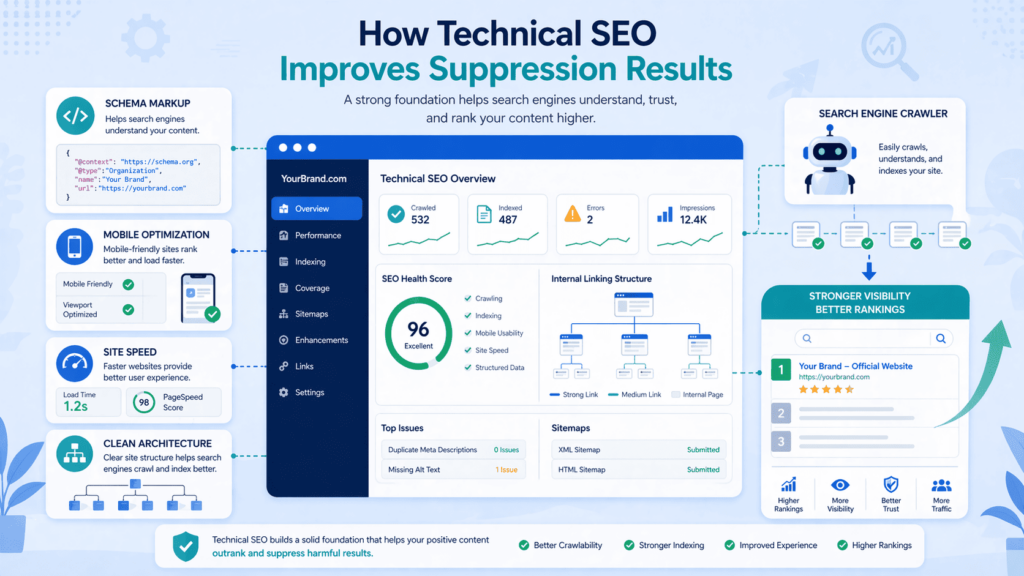 Technical SEO dashboard showing site health metrics supporting suppressing harmful press with SEO strategies