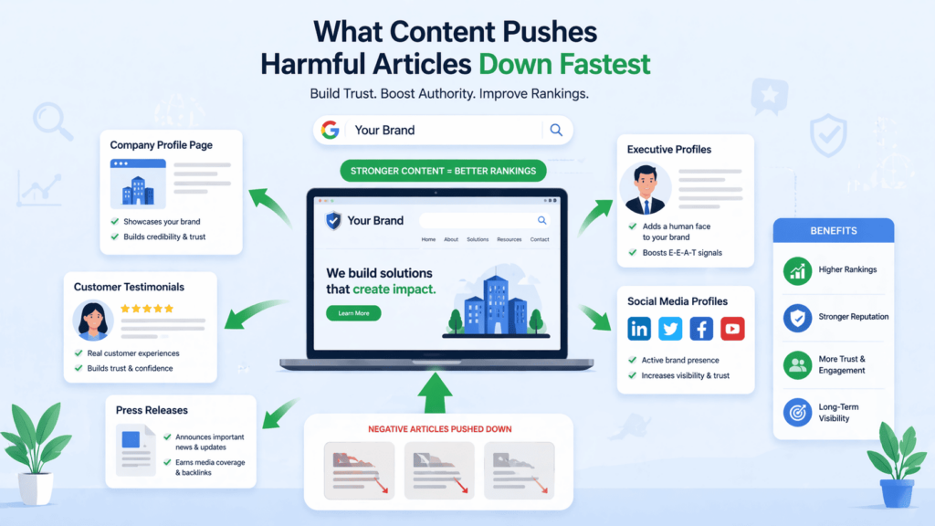 Content types like press releases and testimonials used for suppressing harmful press with SEO to boost rankings