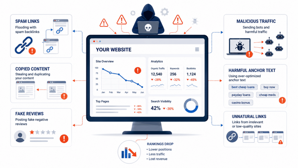 A hooded hacker deploying negative SEO tactics such as spam links, copied content, and malicious traffic to tank website rankings.