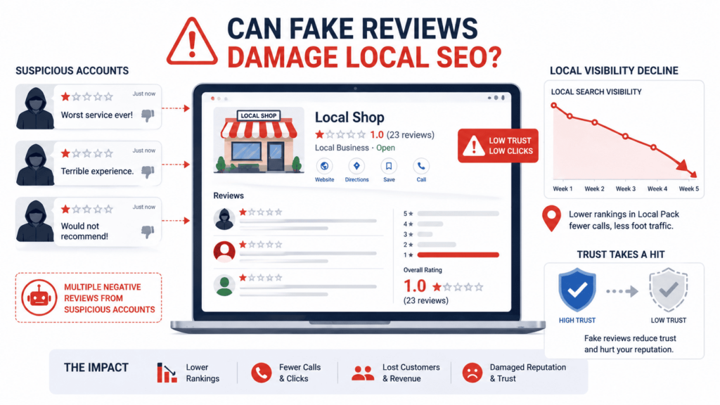 Fake reviews as negative SEO tactics pulling a local shop's rating to 1.0, reducing visibility and trust over five weeks.