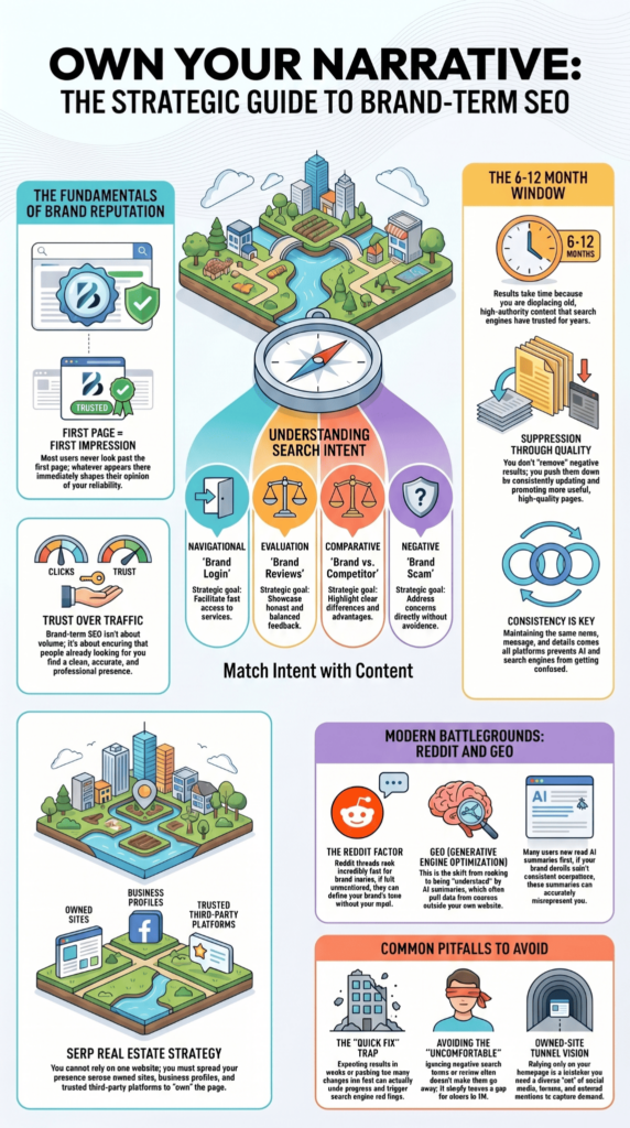 SEO for brand terms strategic guide infographic covering search intent, GEO, and SERP real estate