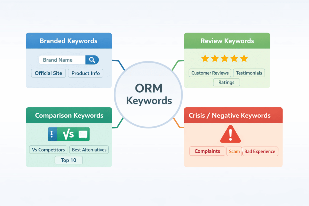 keyword strategy for Online Reputation Management mind map showing branded, review, comparison, and crisis keyword types