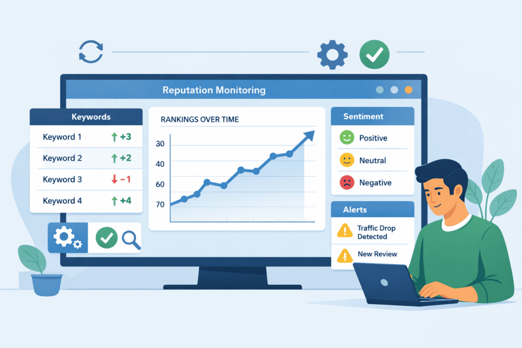 keyword strategy for Online Reputation Management dashboard displaying rankings, sentiment analysis, and real-time alerts