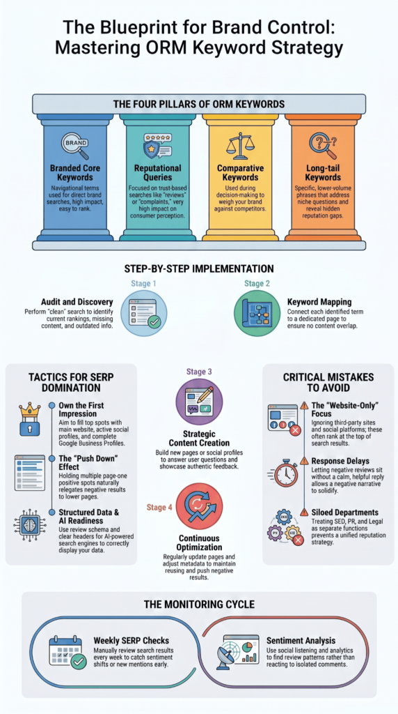 keyword strategy for Online Reputation Management blueprint infographic covering four pillars, implementation stages, and monitoring cycle