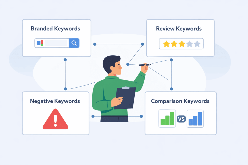 Targeting Online Reputation Management keywords across branded, review, negative, and comparison categories.