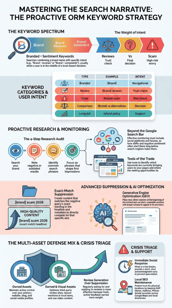 Targeting Online Reputation Management keywords using proactive ORM strategy, suppression tactics, and crisis triage.