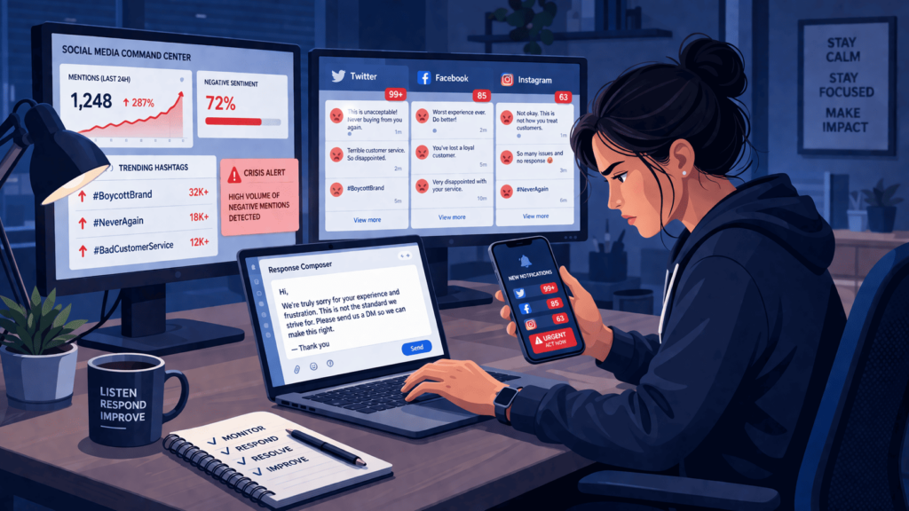 Targeting Online Reputation Management keywords by monitoring social media crisis alerts and composing responses.