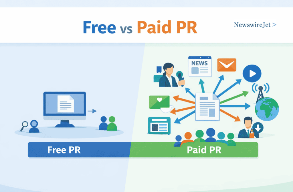 Diagram comparing the difference between free and paid PR with simple versus multi-channel distribution visuals.