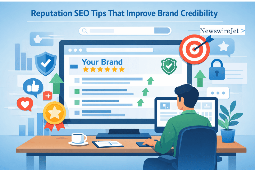 Marketer applying reputation SEO tips to boost brand credibility with positive reviews and trust signals online