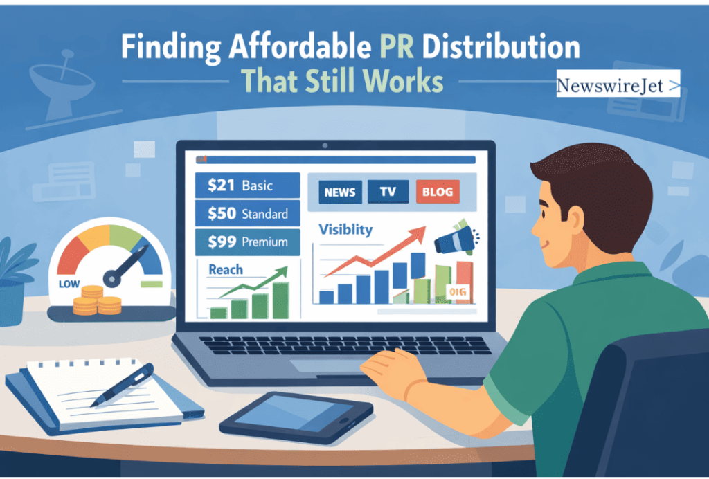 A man smiling at laptop showing finding affordable PR distribution options with tiered pricing plans.