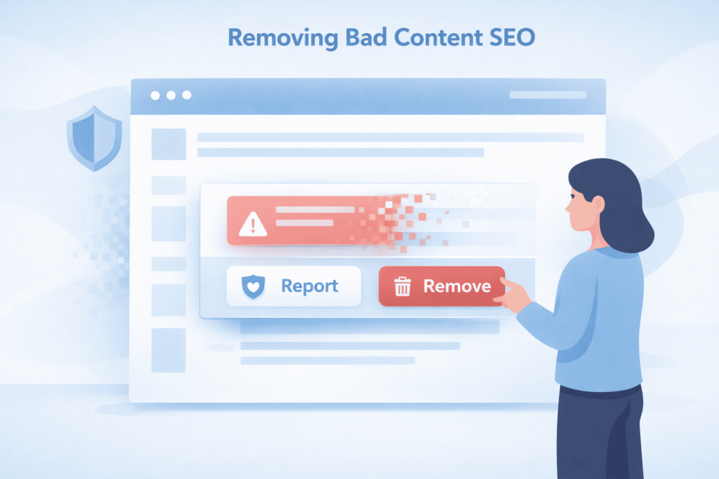 Woman clicking remove button to perform negative content suppression with SEO by eliminating bad search results