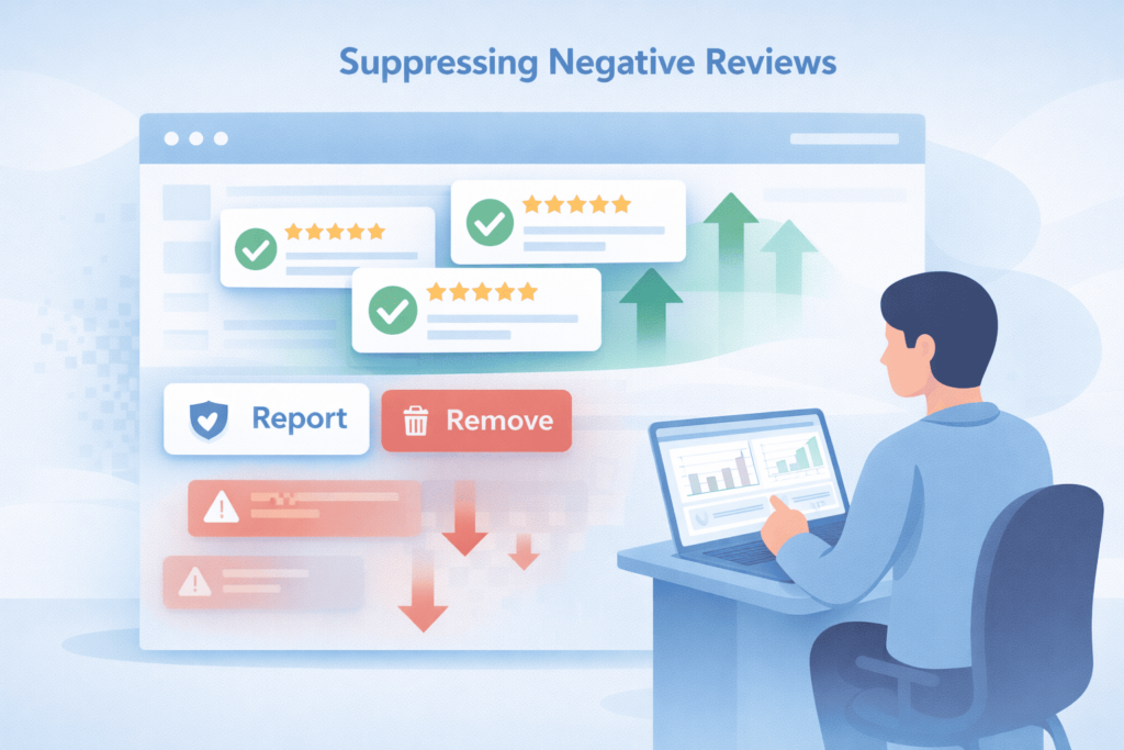 Marketer using negative content suppression with SEO by boosting positive reviews and removing harmful listings