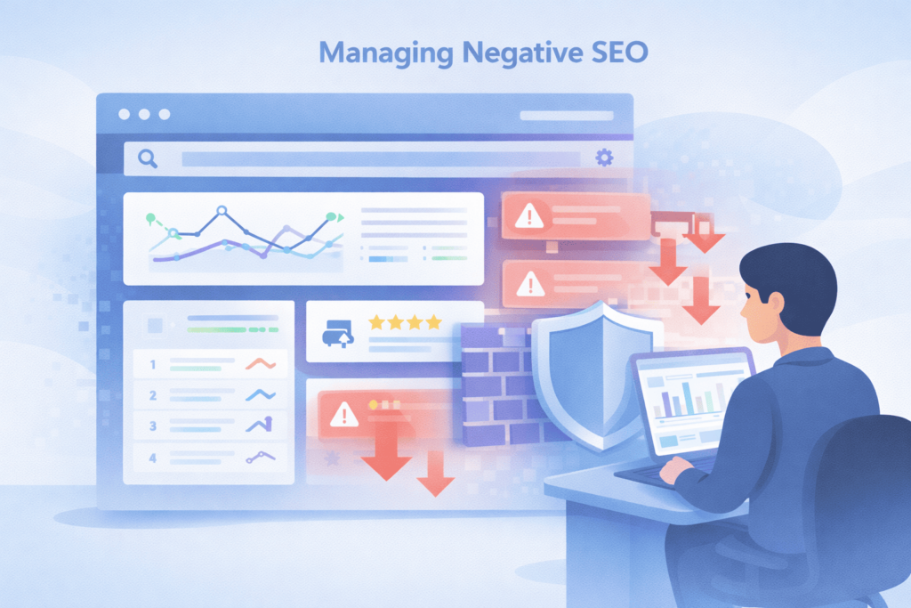 Professional managing negative content suppression with SEO tools, shields, and analytics dashboard on screen