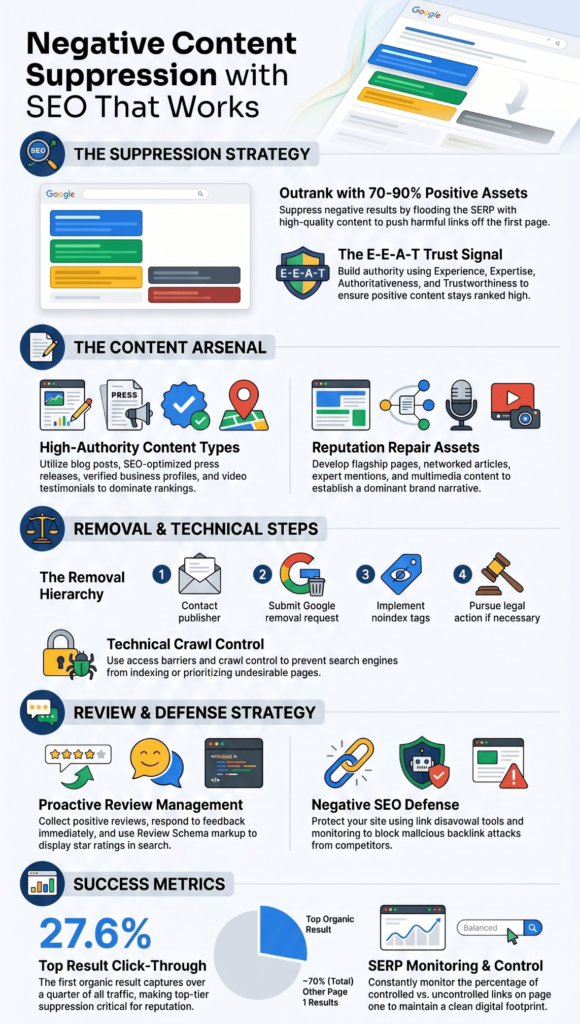 Infographic showing negative content suppression with SEO strategies including E-E-A-T signals and SERP monitoring