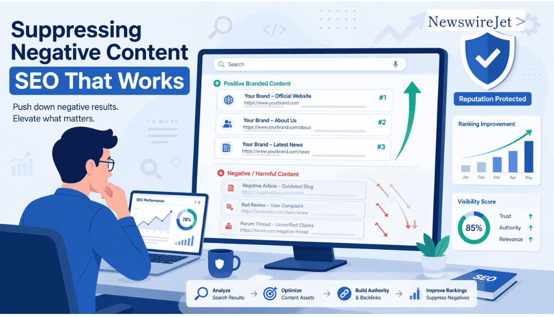Professional working on suppressing negative content SEO to push harmful search results down and elevate branded pages.