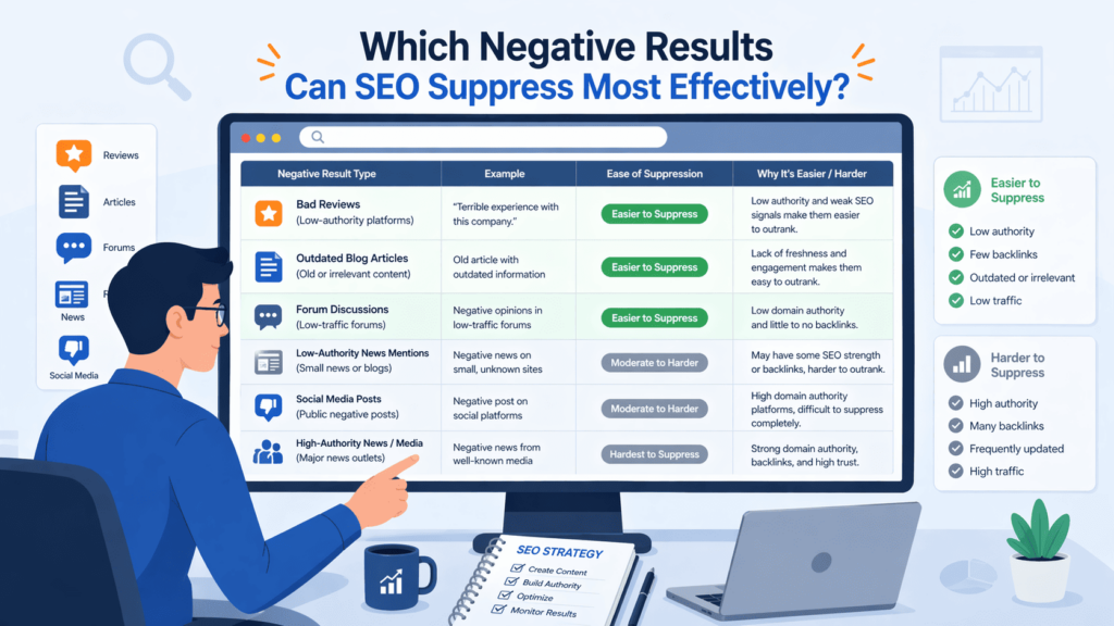 Chart comparing negative result types and their ease of suppression for suppressing negative content SEO campaigns.