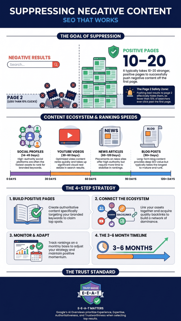 Infographic explaining suppressing negative content SEO strategy with a 4-step approach and content ranking timeline.