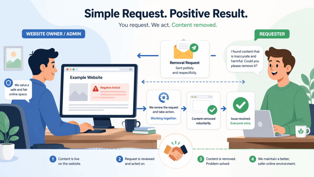 A requester and website admin collaborating through content removal techniques to resolve harmful online material politely.
