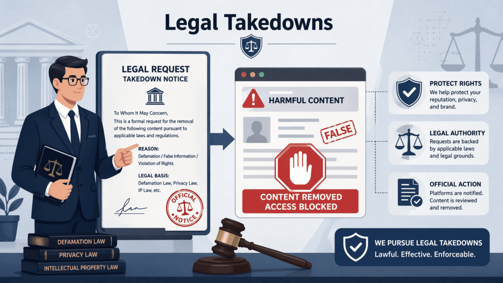 A lawyer presenting legal content removal techniques including defamation and privacy law takedown notices to block harmful content.