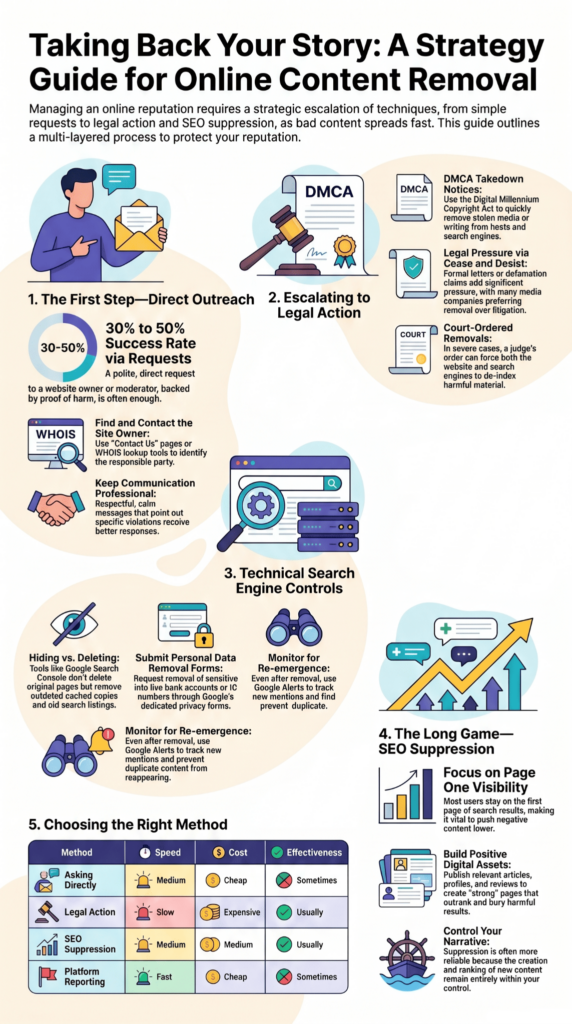 An infographic illustrating content removal techniques including direct outreach, legal action, SEO suppression, and platform reporting.