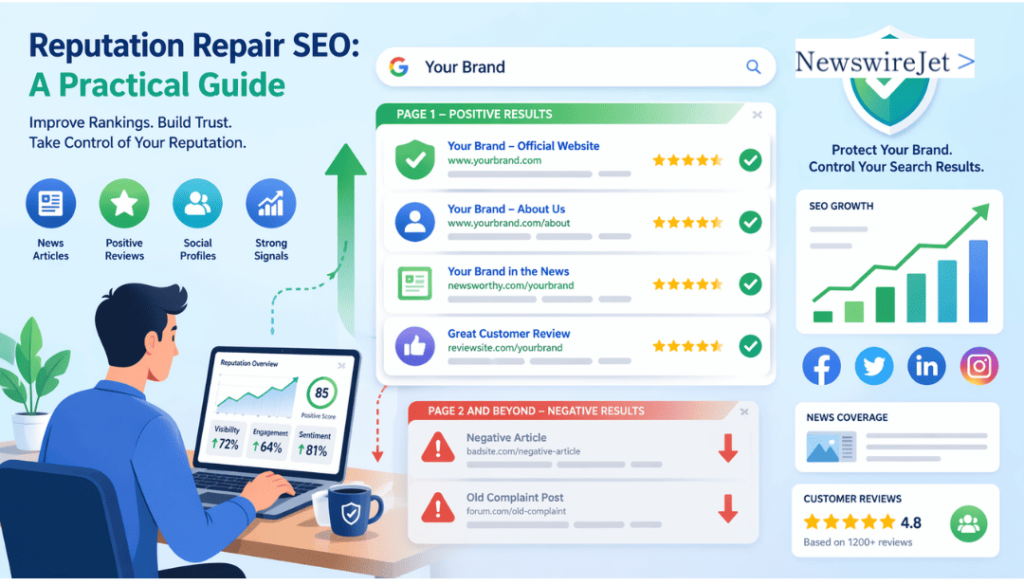 Practical guide overview showing reputation repair SEO tools including news articles, reviews, and social profiles.