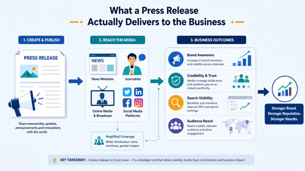 A diagram showing justifying PR spend to stakeholders through press release outcomes like reach, trust, and brand visibility.&nbsp;