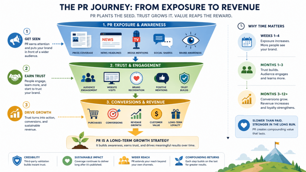 A flowchart showing how justifying PR spend to stakeholders becomes easier when mapping exposure to revenue stages.&nbsp;