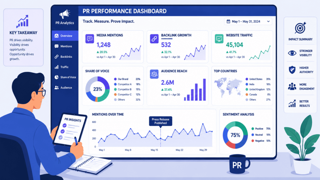 An analytics dashboard supporting justifying PR spend to stakeholders with metrics like mentions, traffic, and sentiment.&nbsp;