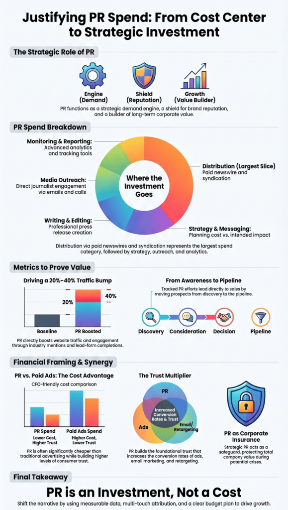 An infographic on justifying PR spend to stakeholders by framing PR as a strategic investment with measurable returns.&nbsp;