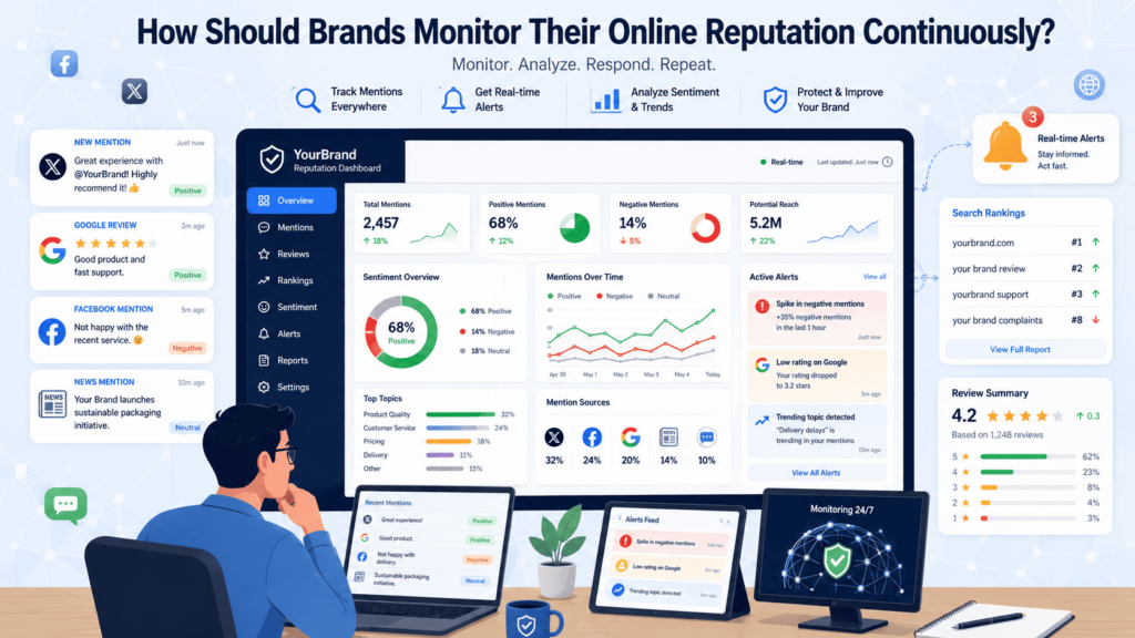 A brand manager monitoring dashboard for controlling SEO reputation through real-time mentions and sentiment alerts.
